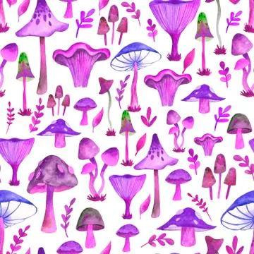 Seamless pattern with hand drawn watercolor mushrooms. Stock Illustration