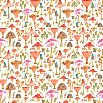 Seamless pattern with hand drawn watercolor mushrooms. Stock Illustration