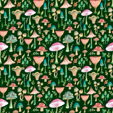 Seamless pattern with hand drawn watercolor mushrooms. Stock Illustration