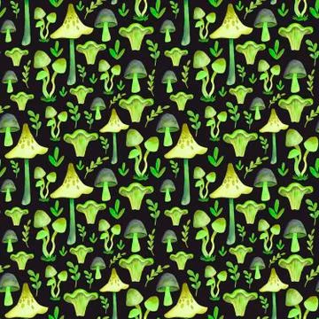 Seamless pattern with hand drawn watercolor mushrooms. Stock Illustration
