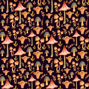 Seamless pattern with hand drawn watercolor mushrooms. Stock Illustration