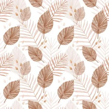 Seamless pattern hand drawn watercolor leaves on white. Boho palm branch endless Illustrazione stock