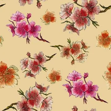 Seamless Pattern of hand drawn watercolor sakura flowers branches.Isolated Stock Illustration