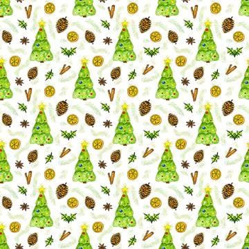 Seamless pattern with hand drawn watercolor christmas elements Stock Illustration