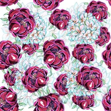 Seamless Pattern of hand drawn watercolor peonies and hydrangea flowers Illustrazione stock