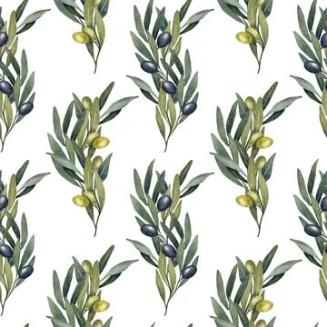 Seamless pattern with hand drawn watercolor olive tree leaves, branch, green and Stock Illustration