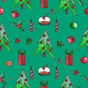 Seamless pattern of hand drawn watercolor Christmas elements. Fir tree Stock Illustration