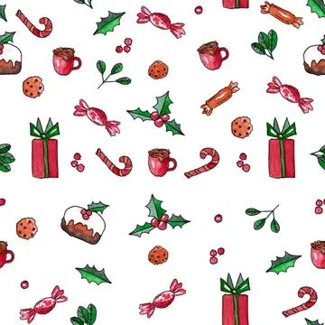 Seamless pattern of hand drawn watercolor Christmas elements. illustration Stock Illustration