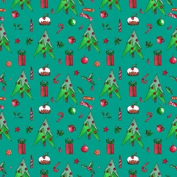 Seamless pattern of hand drawn watercolor Christmas elements. Fir tree イラスト素材