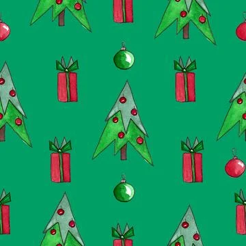 Seamless pattern of hand drawn watercolor Christmas fir tree illustration Stock Illustration