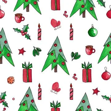 Seamless pattern of hand drawn watercolor Christmas elements. Fir tree Stockillustratie