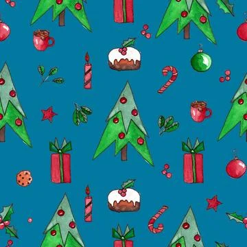Seamless pattern of hand drawn watercolor Christmas elements. Fir tree Stockillustratie