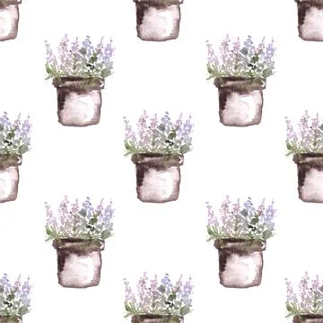 Seamless pattern of hand drawn watercolor flowers in pots on white background Ilustração Stock