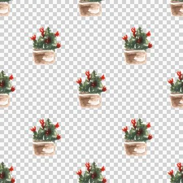 Seamless pattern of hand drawn watercolor flowers in pots on white background Stock Illustration