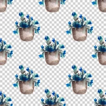 Seamless pattern of hand drawn watercolor flowers in pots on white background Stock Illustration