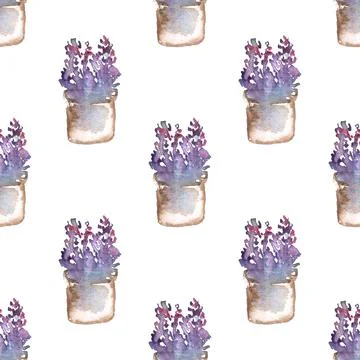 Seamless pattern of hand drawn watercolor flowers in pots on white background Stock Illustration