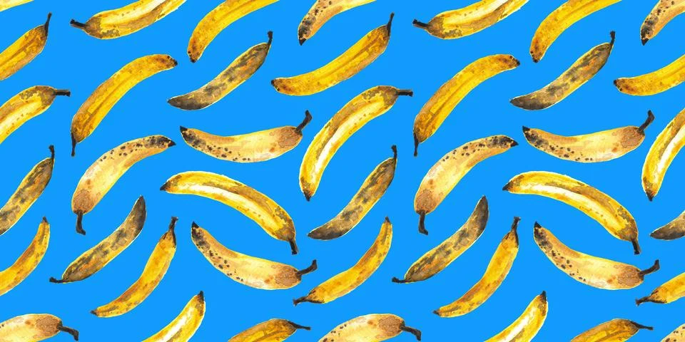 Seamless pattern of hand drawn watercolor bananas on blue background Stock Illustration
