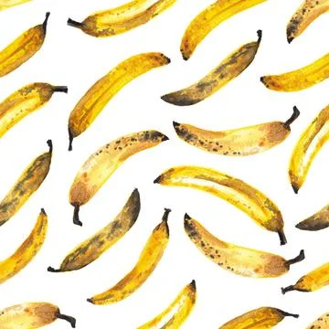 Seamless pattern of hand drawn watercolor bananas chaotically located, isolated Stock Illustration