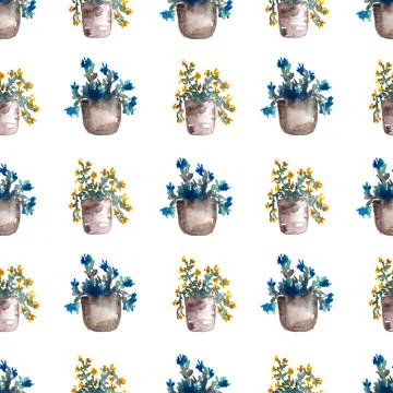 Seamless pattern of hand drawn watercolor flowers in pots on white background Stock Illustration