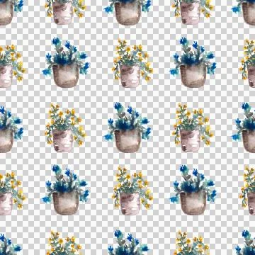 Seamless pattern of hand drawn watercolor flowers in pots on white background Illustrazione stock
