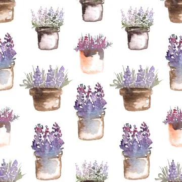 Seamless pattern of hand drawn watercolor flowers in pots on white background Stock Illustration