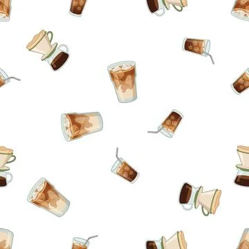 Seamless pattern with hand drawn watercolor coffee drinks and brewing equip.. Illustrazione stock