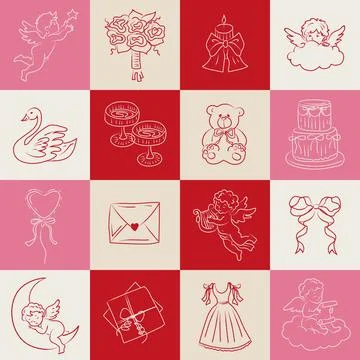Seamless pattern with hand drawn wedding doodles in elegant line art style... Stock Illustration