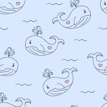 Seamless pattern with hand drawn whale and waves on blue background. Vector.. Illustrazione stock