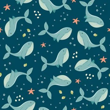 Seamless pattern with hand drawn whales, shells, starfishes Stock Illustration