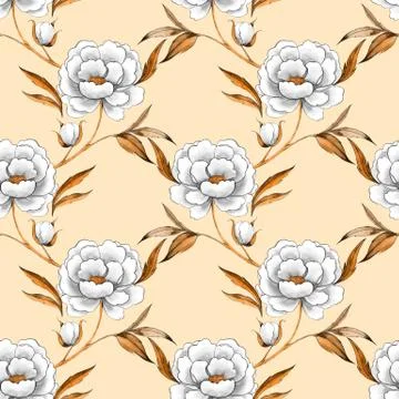 Seamless pattern with hand drawn white peonies Stock Illustration