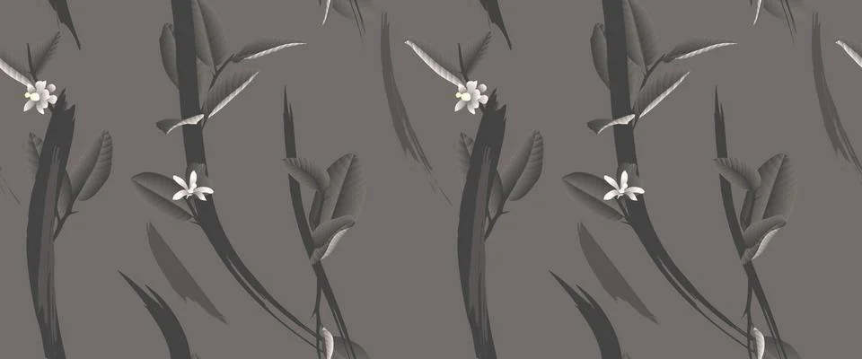 Seamless pattern, hand drawn white flowers with leaves on dark gray background Stock Illustration