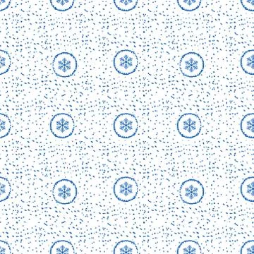 Seamless pattern with hand drawn white blue snow flakes on white background, Illustrazione stock