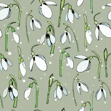 Seamless pattern of hand drawn white snowdrops flowers. Stock Illustration