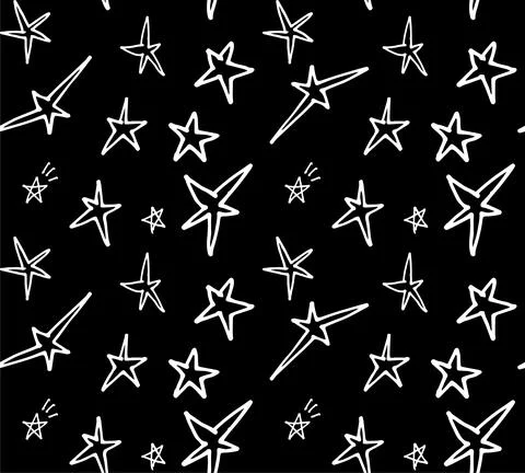 Seamless pattern hand-drawn white stars on a black background Stock Illustration