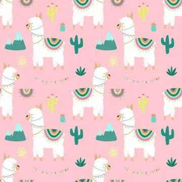 Seamless pattern of hand-drawn white llamas or alpacas, cacti, mountains, sun Illustrazione stock