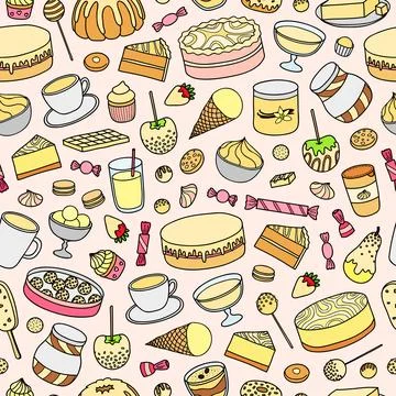 Seamless pattern with hand drawn white chocolate desserts. Stock Illustration