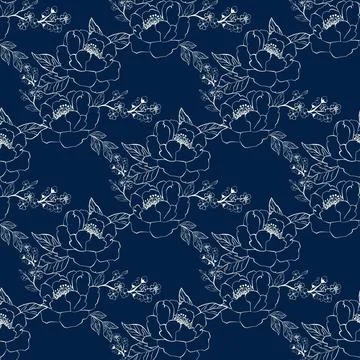 Seamless pattern with hand-drawn white line art flowers Stock Illustration