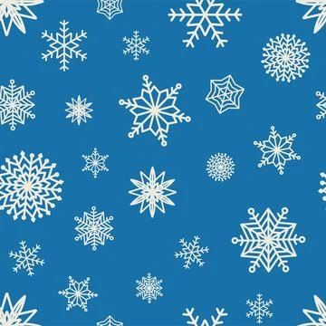 Seamless pattern hand drawn white snow flakes on blue, simple winter backgr.. Stock Illustration