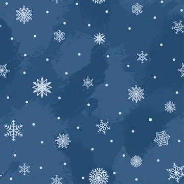 Seamless pattern hand drawn white snow flakes on blue, simple winter backgr.. Stock Illustration