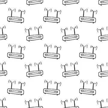 Seamless pattern hand drawn wifi router. Doodle black sketch. Sign symbol. De 스톡 일러스트