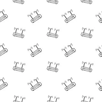 Seamless pattern hand drawn wifi router. Doodle black sketch. Sign symbol. De 스톡 일러스트