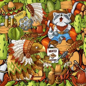 Seamless pattern of hand drawn wild west american cowboy indian icons filled Stock Illustration