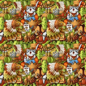 Seamless pattern of hand drawn wild west american cowboy indian icons filled Stock Illustration