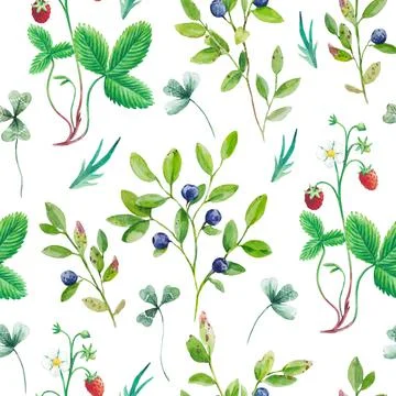 Seamless pattern with hand drawn wild berries, blueberry and strawberry Stock Illustration