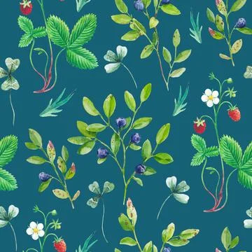 Seamless pattern with hand drawn wild berries, blueberry and strawberry Stock-Illustration