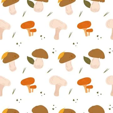 Seamless pattern with hand drawn wild mushrooms, autumn leaves 스톡 일러스트