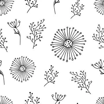 Seamless pattern with hand drawn wildflowers. Stock Illustration
