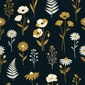 Seamless Pattern with Hand-Drawn Wildflowers and Ferns on Dark Background. Stock Illustration