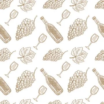 Seamless pattern with hand drawn wine bottle, wine glass and grapes. Design e Stock Illustration