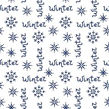 Seamless pattern with hand drawn winter text and snowflakes. Vector backgroun 库存插图